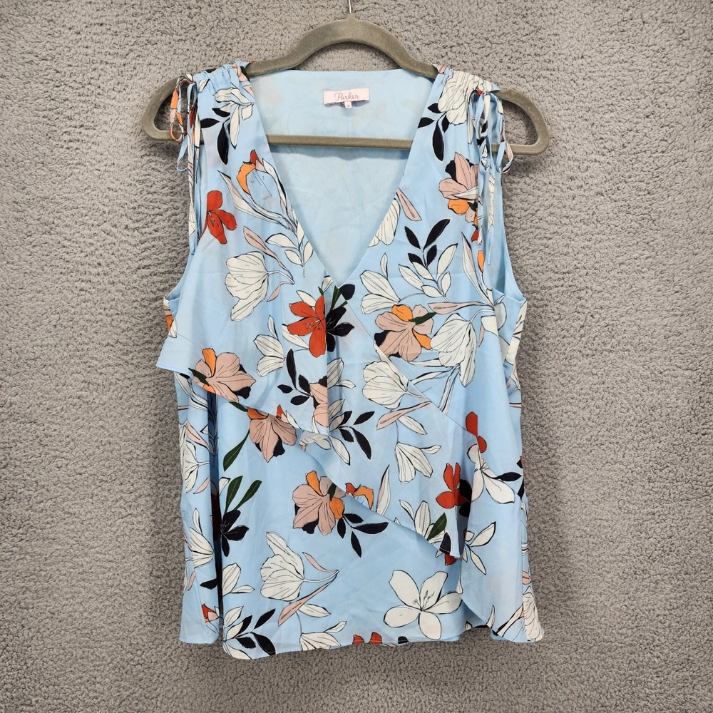 Parker Blue Floral Ruffle V-Neck Sleeveless Blouse Medium